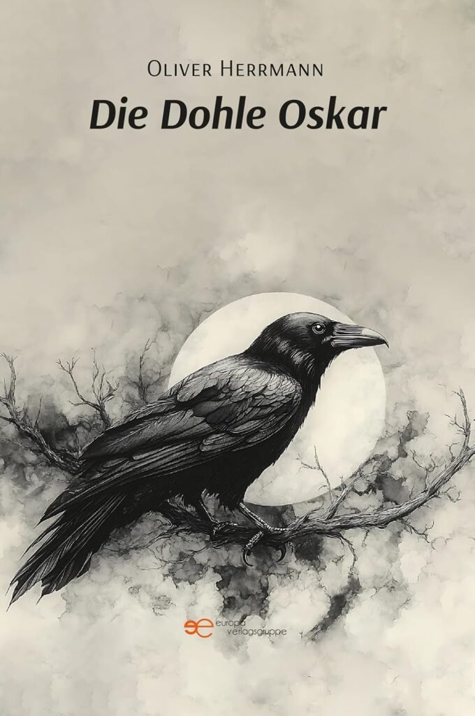 Buchcover Die Dohle Oskar. Eine Dohle die auf einem Ast sittzt. Im Hintergrund der Mond